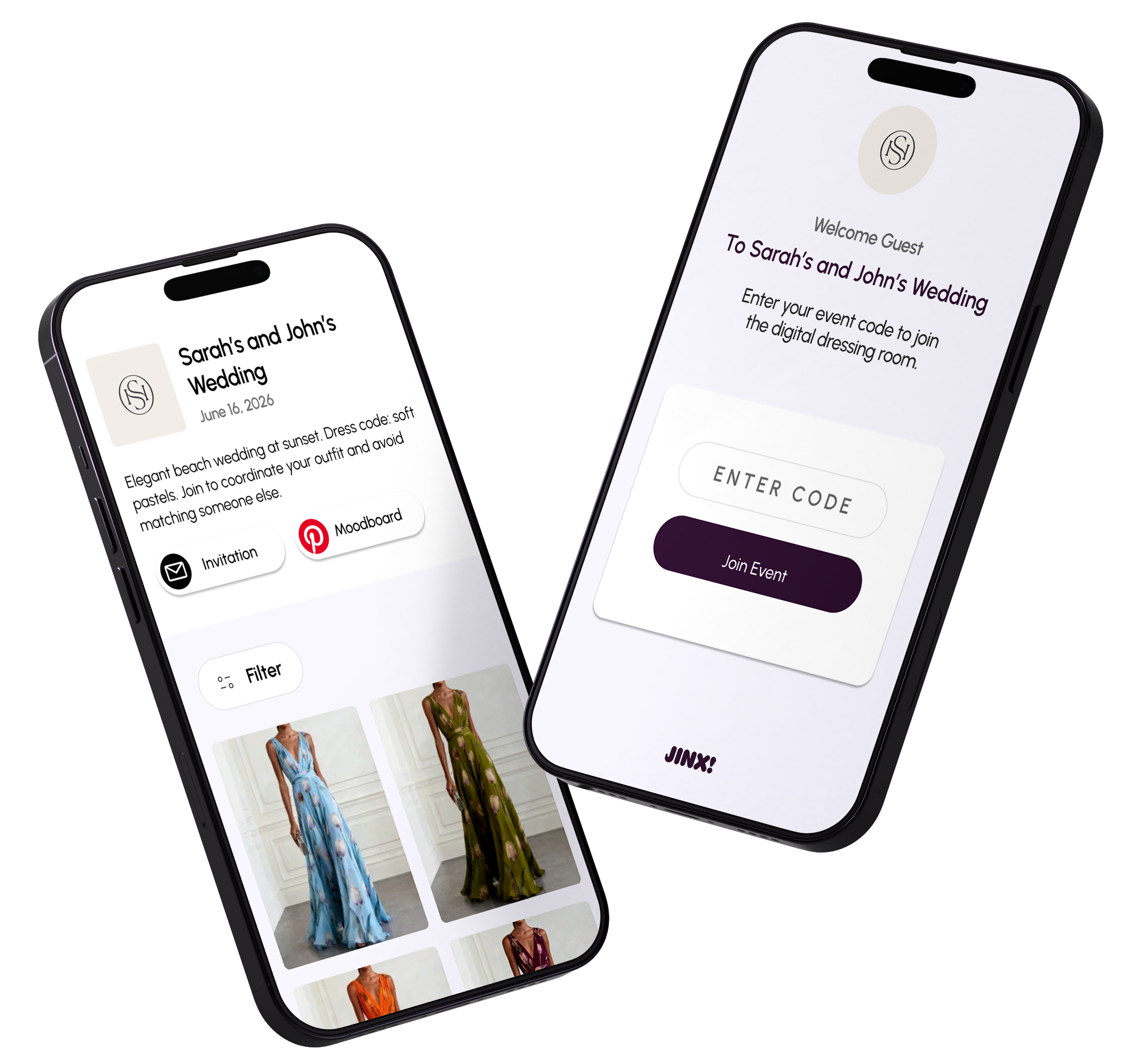 Jinx! app showing a gallery of guest outfit submissions before a wedding